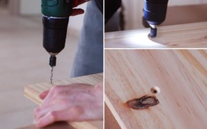 Un planche de bois est percé et le trous est chanfreiné