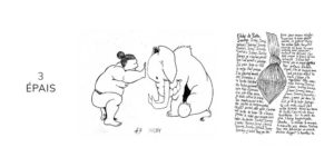 Dessin noir et blanc d'un sumo et un éléphant