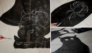 dessin de monstres sur grande feuilles noires
