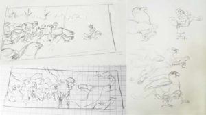 croquis d'un personnage poursuivit par des griffons