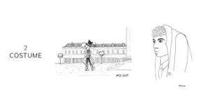 Dessin noir et blanc d'un costume inktober 2021