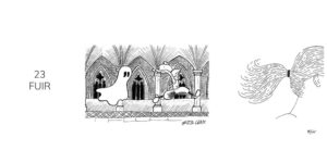 Dessin noir et blanc de fuir inktober 2021